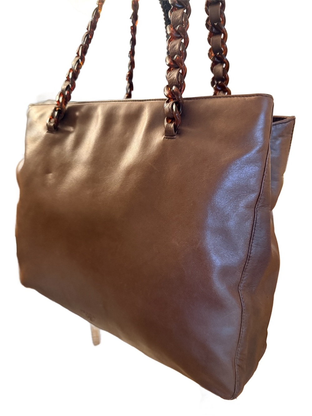 Prada Tessuto Nappa Leather Brown Tortoiseshell Chain Tote Bag w COA - Picture 4 of 16